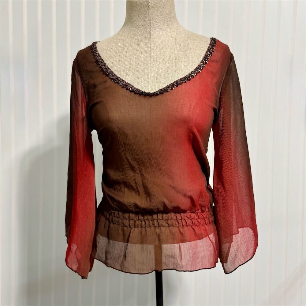 Taunt Y2K Fairycore Mesh Blouse M Rust Brown Ombre Bell Sleeve Beaded Whimsigoth